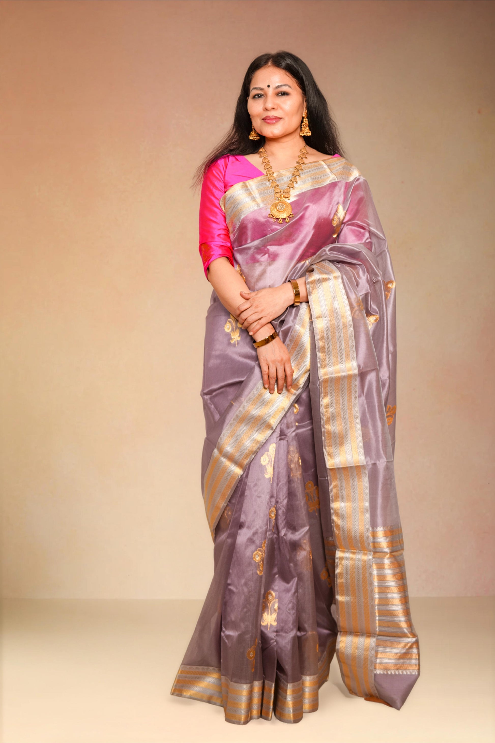 Mauve pure chanderi silk handwoven saree with meenakari butti and nakashi border,1