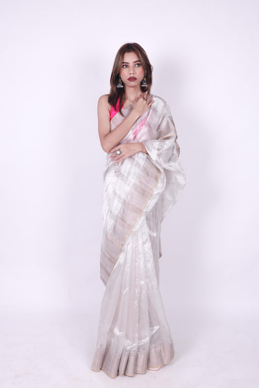 White pure handwoven chanderi silk and tissue stripe saree,1